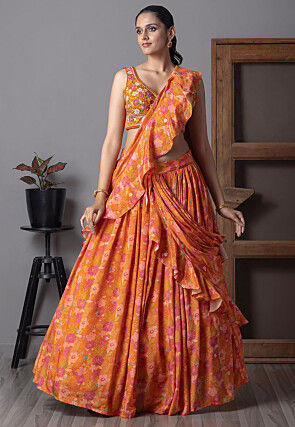 Digital Printed Chinon Silk Lehenga in Orange