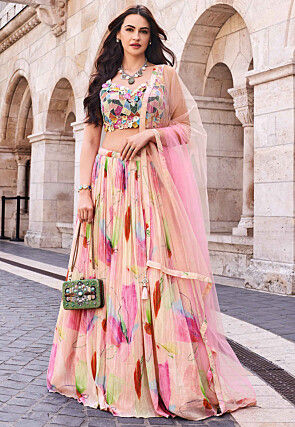 Digital Printed Chinon Silk Lehenga in Peach