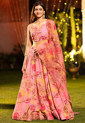 Digital Printed Chinon Silk Lehenga in Pink