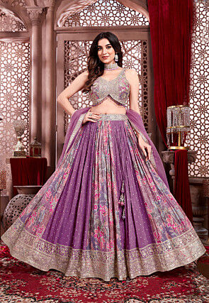 Digital Printed Chinon Silk Lehenga in Purple