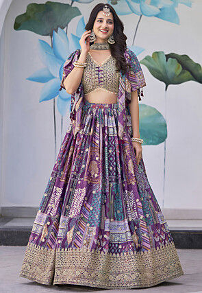 Digital Printed Chinon Silk Lehenga in Purple