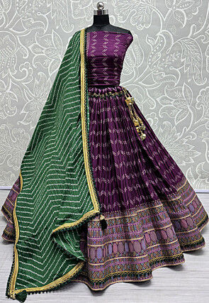 Digital Printed Chinon Silk Lehenga in Purple
