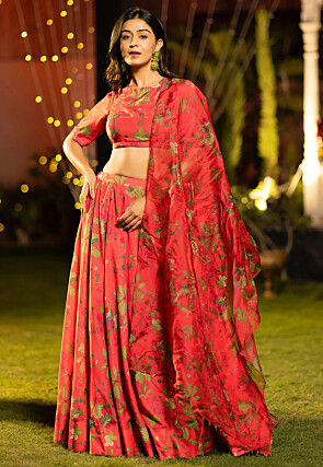 Digital Printed Chinon Silk Lehenga in Red