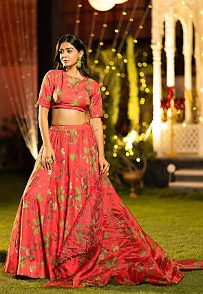 Digital Printed Chinon Silk Lehenga in Red