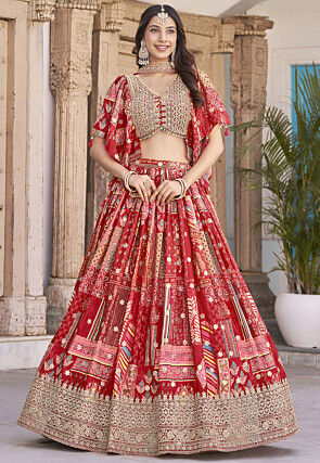 Digital Printed Chinon Silk Lehenga in Red
