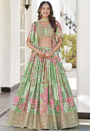 Digital Printed Chinon Silk Lehenga in Sea Green