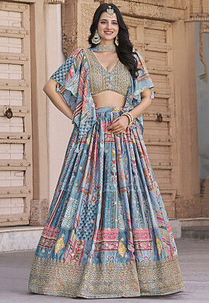 Digital Printed Chinon Silk Lehenga in Sky Blue