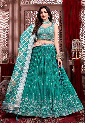 Digital Printed Chinon Silk Lehenga in Teal Green