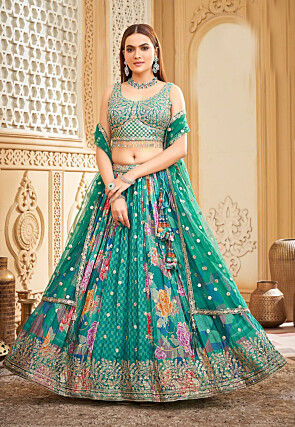 Digital Printed Chinon Silk Lehenga in Teal Green