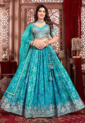 Digital Printed Chinon Silk Lehenga in Turquoise