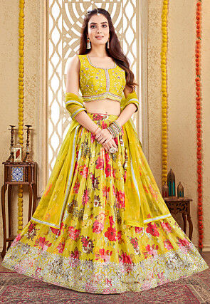 Digital Printed Chinon Silk Lehenga in Yellow