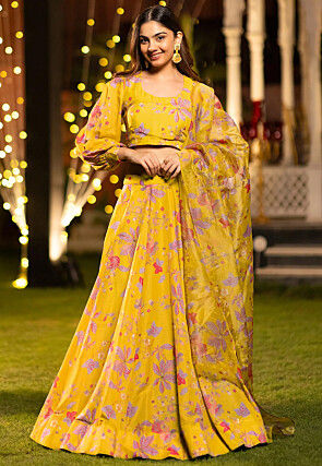 Digital Printed Chinon Silk Lehenga in Yellow