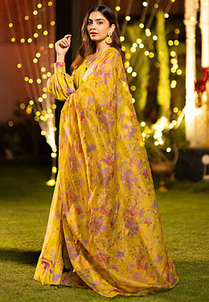 Digital Printed Chinon Silk Lehenga in Yellow