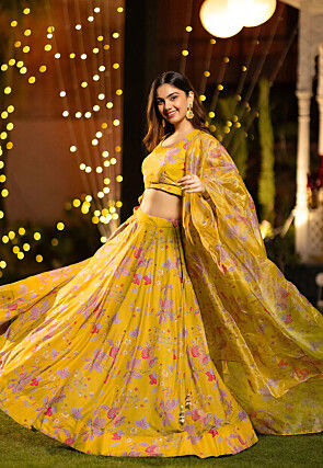 Digital Printed Chinon Silk Lehenga in Yellow