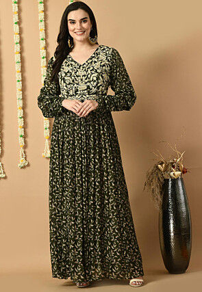 Digital Printed Chinon Silk Long Kurta Set in Olive Green