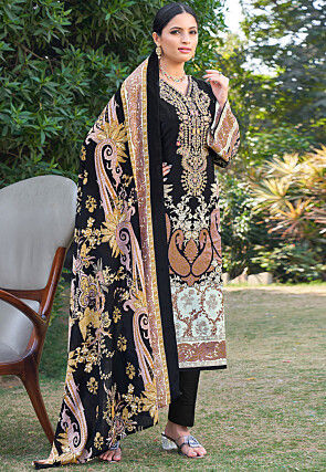 Digital Printed Chinon Silk Pakistani Suit in Black