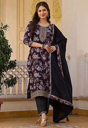 Digital Printed Chinon Silk Pakistani Suit in Black