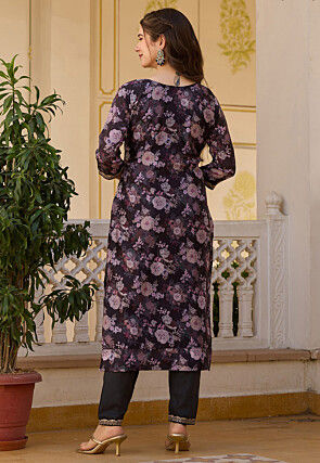 Digital Printed Chinon Silk Pakistani Suit in Black