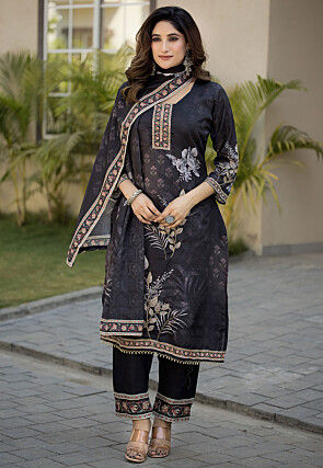 Digital Printed Chinon Silk Pakistani Suit in Black