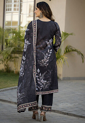 Digital Printed Chinon Silk Pakistani Suit in Black