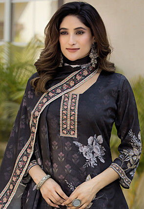 Digital Printed Chinon Silk Pakistani Suit in Black
