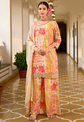 Digital Printed Chinon Silk Pakistani Suit in Cream