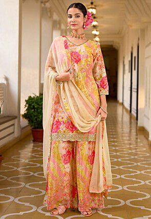 Digital Printed Chinon Silk Pakistani Suit in Cream