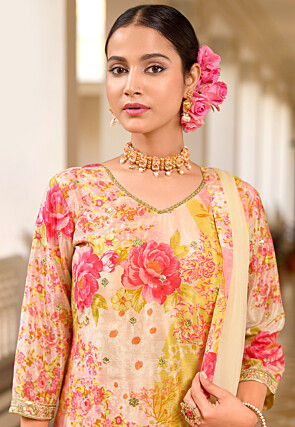 Digital Printed Chinon Silk Pakistani Suit in Cream