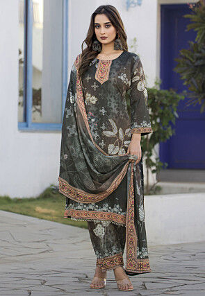 Digital Printed Chinon Silk Pakistani Suit in Grey