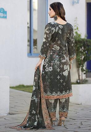 Digital Printed Chinon Silk Pakistani Suit in Grey