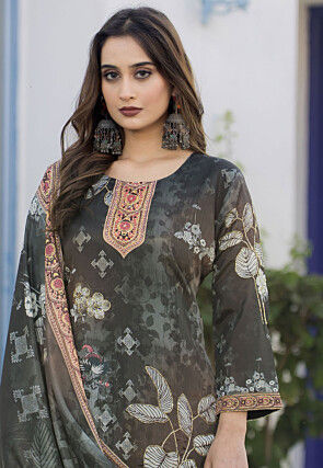 Digital Printed Chinon Silk Pakistani Suit in Grey
