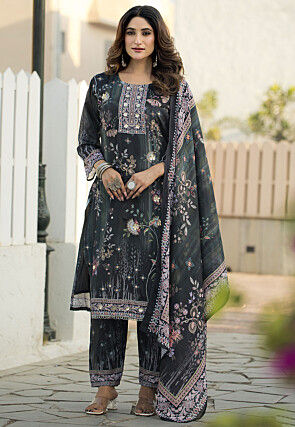 Digital Printed Chinon Silk Pakistani Suit in Grey