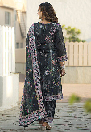 Digital Printed Chinon Silk Pakistani Suit in Grey
