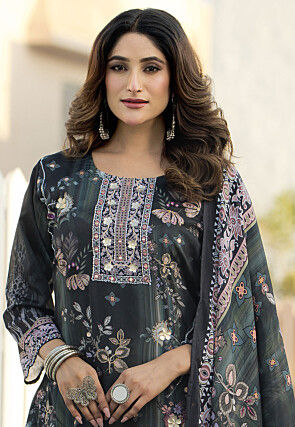 Digital Printed Chinon Silk Pakistani Suit in Grey