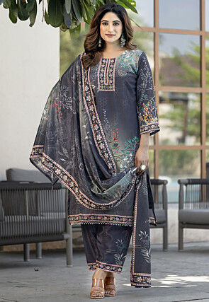Digital Printed Chinon Silk Pakistani Suit in Grey