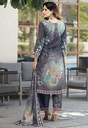 Digital Printed Chinon Silk Pakistani Suit in Grey