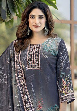 Digital Printed Chinon Silk Pakistani Suit in Grey