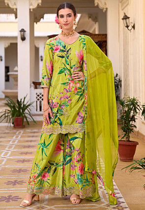 Digital Printed Chinon Silk Pakistani Suit in Light Green