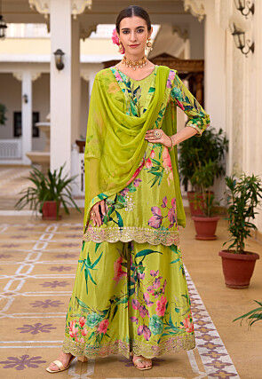 Digital Printed Chinon Silk Pakistani Suit in Light Green