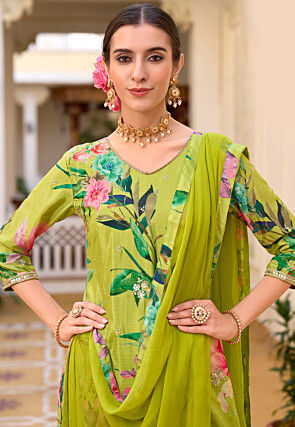 Digital Printed Chinon Silk Pakistani Suit in Light Green