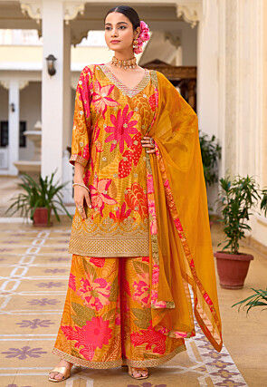 Digital Printed Chinon Silk Pakistani Suit in Mustard