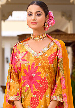 Digital Printed Chinon Silk Pakistani Suit in Mustard