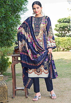 Digital Printed Chinon Silk Pakistani Suit in Navy Blue