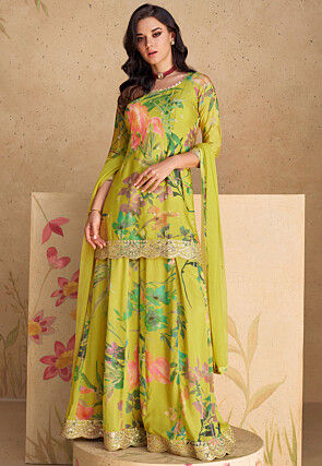 Digital Printed Chinon Silk Pakistani Suit in Olive Green
