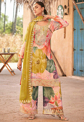 Digital Printed Chinon Silk Pakistani Suit in Peach and Multicolor