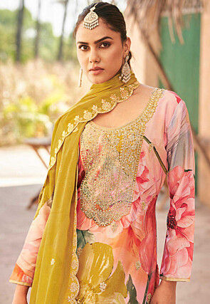 Digital Printed Chinon Silk Pakistani Suit in Peach and Multicolor