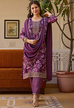 Digital Printed Chinon Silk Pakistani Suit in Purple