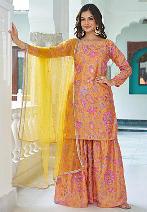 Digital Printed Chinon Silk Pakistani Suit in Yellow