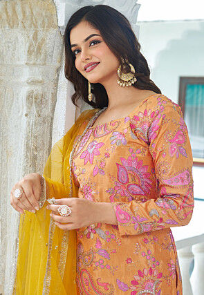 Digital Printed Chinon Silk Pakistani Suit in Yellow