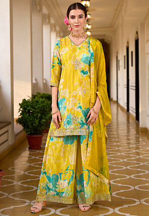 Digital Printed Chinon Silk Pakistani Suit in Yellow